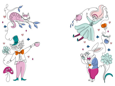 Alice in Wonderland background. Horizontal template with characters and symbols of famous fairy tale. Line art style design. Hand drawn vector illustration.
