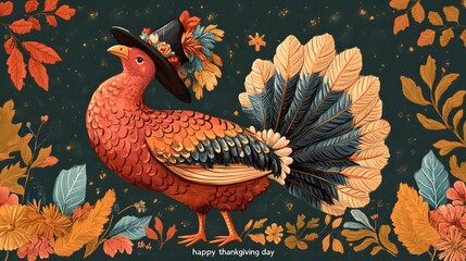 Fototapeta premium A cheerful turkey stands proudly next to a basket of colorful autumn vegetables.