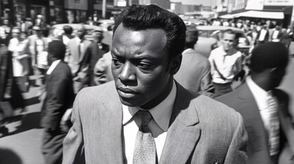 Fototapeta premium A black and white photograph of an wealthy man walking through crowd, blurred motion,