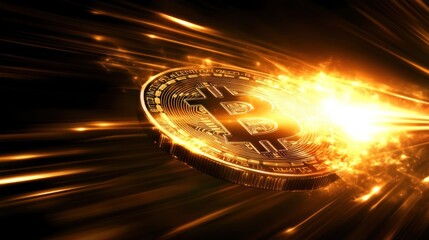 Flaming Bitcoin cryptocurrency coin speeding through digital space.