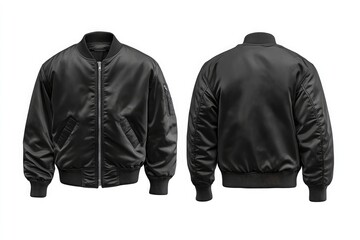 Black bomber jacket template with front and back view isolated on a white background mockup