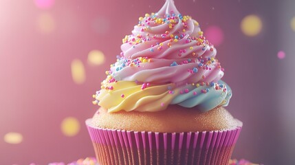 A cupcake tower decorated with colorful frosting and sprinkles.