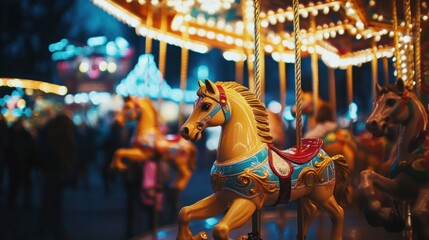 Fototapeta premium A brightly lit carousel spins through the night market with colorful lights reflecting off its ornate golden horses background AI generated image