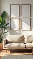 Naklejka premium beige sofa four simple wooden frames a sunlit minimalist living room