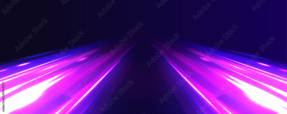 Poster light trails on road at night. abstract futuristic neon background with glowing ascending lines. bea