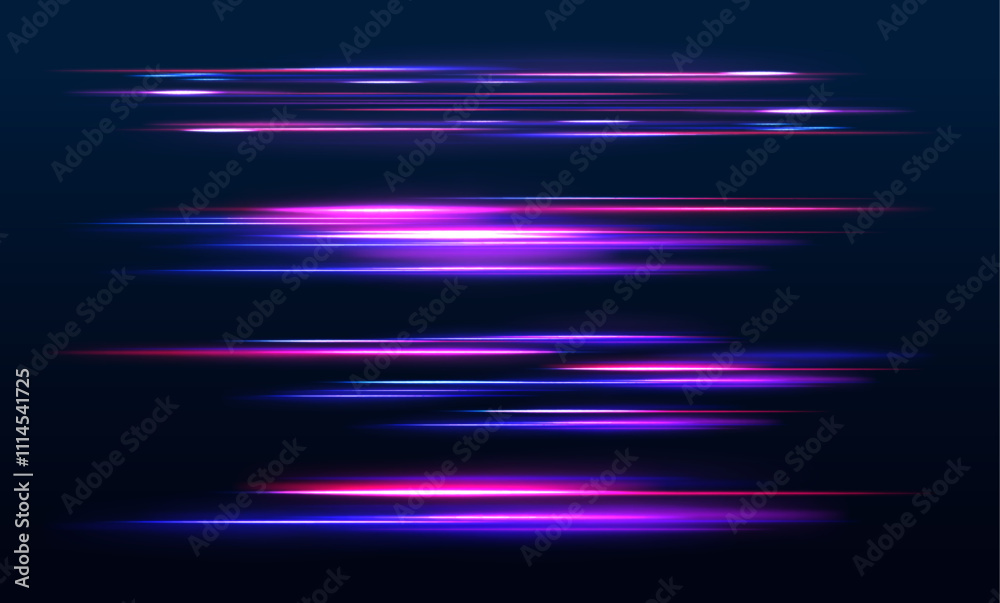 Fototapete Neon glowing red and blue lines with fast particle motion and laser beams create a captivating effect of moving speed, while the glowing flares and light traces add excitement to any design.