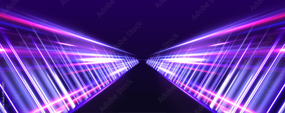 Poster Vector representation of the speed of light in space with a dark background, featuring abstract neon hues of blue, and orange that evoke the sense of light and motion in the galaxy.