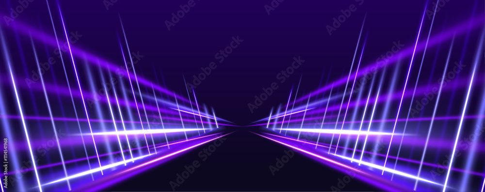 Poster abstract background showcasing the speed of light on a road with blue and purple neon glows, featuri