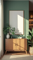 light wooden cabinet with plants against sage green wall