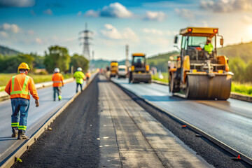  background of construction site is laying new asphalt road pavement, road construction workers and road construction machinery scene.highway construction site landscape