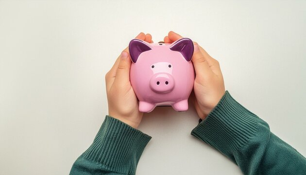Generated imagA close-up of hands gently holding a pink piggy bank on a neutral background. The image conveys the concepts of saving money, financial security, and personal finance. The soft lightinge