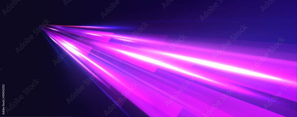 Poster Abstract neon speed lines and glowing trails in blue, purple, illustrating the rapid acceleration of light on a cosmic road, combining high-tech motion with futuristic designs.