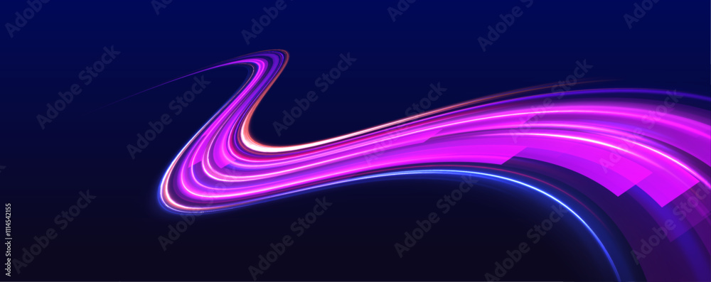 Poster neon stripes in the form of drill, turns and swirl. car motion trails. speed line motion vector back