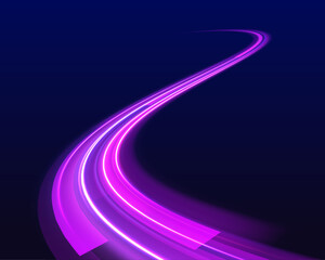 Vector dark blue abstract background with ultraviolet neon glow, blurry light lines, waves. Light trails on road at night. Abstract futuristic neon background with glowing ascending lines. 