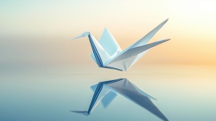 Origami-Kranich auf stiller Wasseroberfl&auml;che