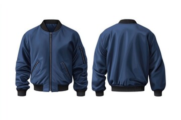 Blue bomber jacket template with front and back view isolated on a white background, in a flat lay