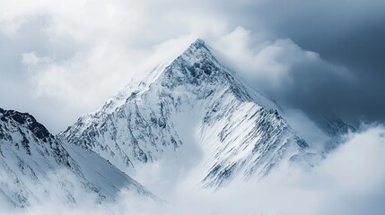 Obraz premium Beautiful landscape of snowy mountain peak at the moment of snow storm. Panoramic view of mountainous area with peak. Illustration for cover, card, interior design, poster, brochure or presentation.