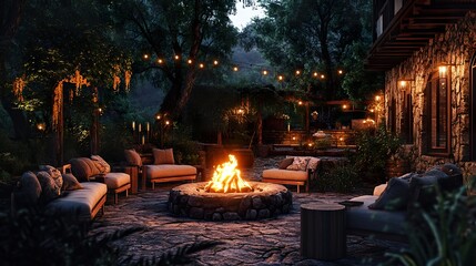 A cozy fire pit area surrounded by comfortable seating, perfect for an evening of relaxation.
