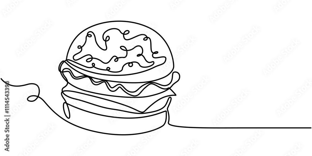 Poster Single line drawing of burger. Fast food hamburger made of one continuous line, vector, Fast Food continuous line drawing with color shapes, burger with continuous one line drawing style. editable. 