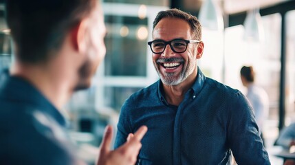 Fototapeta premium Two men engaged in a friendly conversation inside a modern cafe during daytime