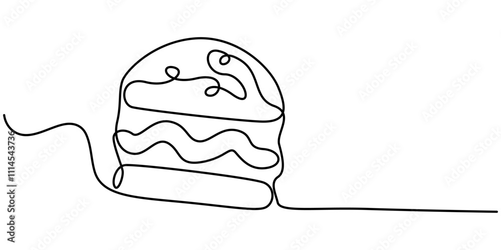 Poster Single line drawing of burger. Fast food hamburger made of one continuous line, vector, Fast Food continuous line drawing with color shapes, burger with continuous one line drawing style. editable. 