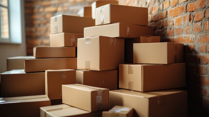Fototapeta premium A stack of cardboard boxes with tape on the top
