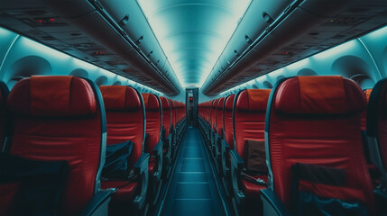 Obraz premium A red airplane with seats and a blue ceiling