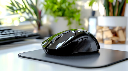 A black computer mouse sits on a black mouse pad