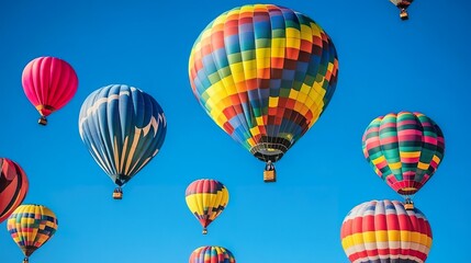 Obraz premium A colorful hot air balloon festival with balloons of various shapes and sizes rising against a clear blue sky.
