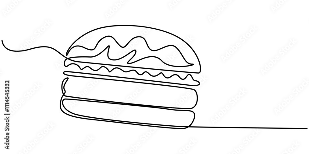 Poster Single line drawing of burger. Fast food hamburger made of one continuous line, vector, Fast Food continuous line drawing with color shapes, burger with continuous one line drawing style. editable. 
