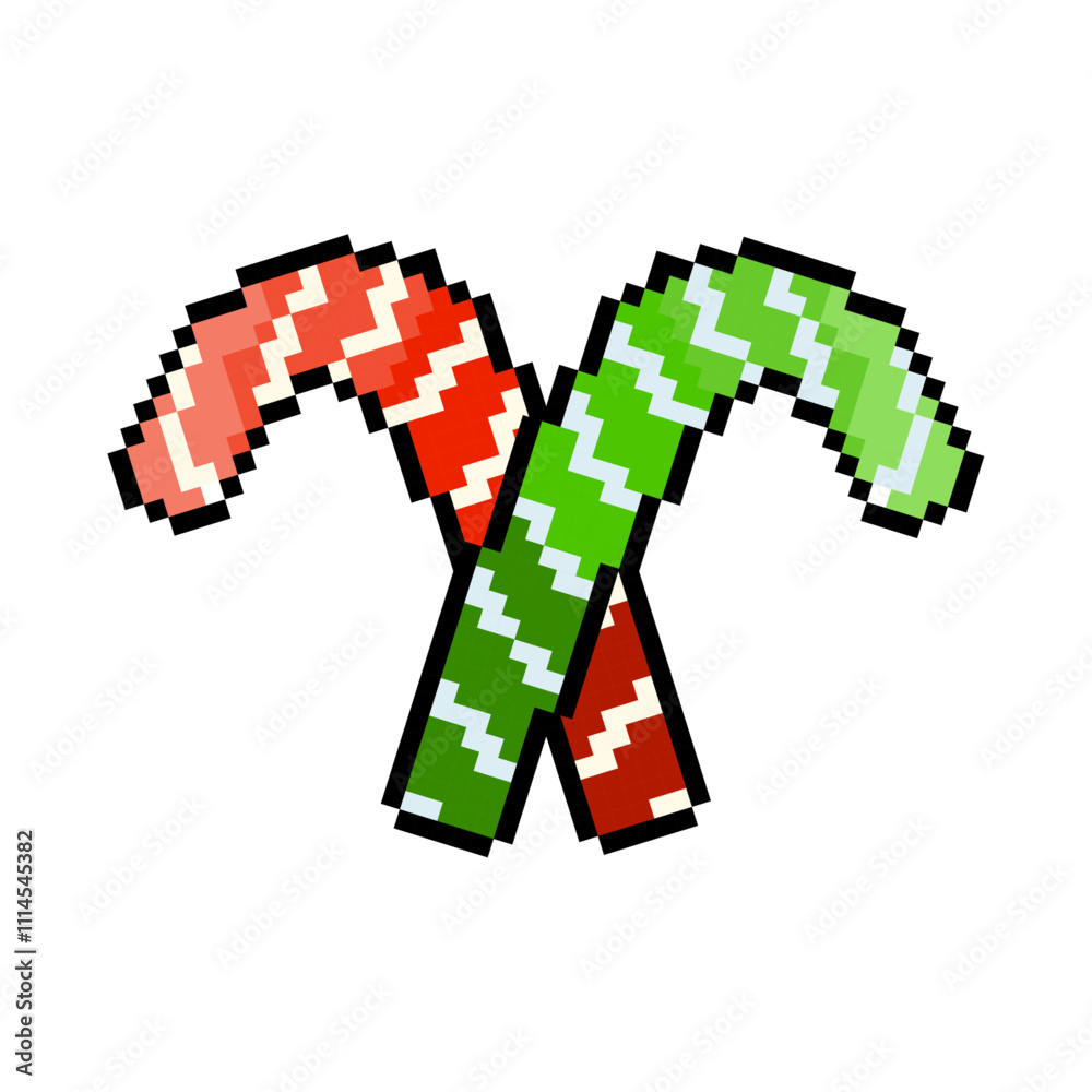 Poster christmas candy cane in pixel art style isolated on transparent background. traditional striped xmas