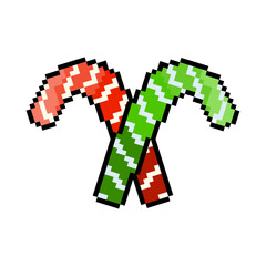 Christmas candy cane in pixel art style isolated on transparent background. Traditional striped xmas candy in red and green colors in retro video game 16bit style