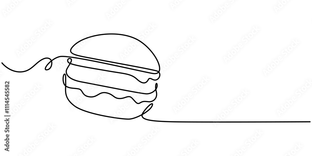 Poster Single line drawing of burger. Fast food hamburger made of one continuous line, vector, Fast Food continuous line drawing with color shapes, burger with continuous one line drawing style. editable. 