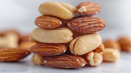 Obraz premium Mixed organic nuts stacked on white background, showcasing variety of textures and colors, perfect for healthy snacking or culinary use