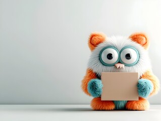 Fototapeta premium Whimsical 3D rendered anthropomorphic creature with expressive features firmly holding an unbranded rectangular cardboard package designed for children
