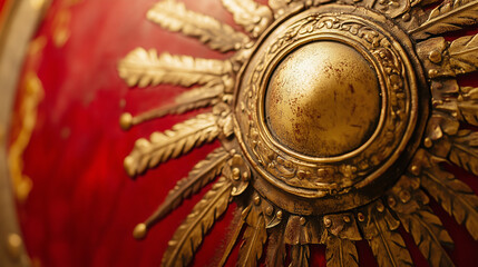 A close-up of a vintage Roman shield with a bright red background and golden details