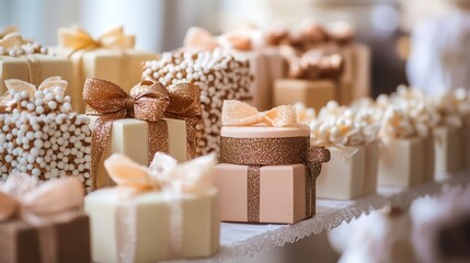 A collection of personalized party favors arranged beautifully on a gift table.