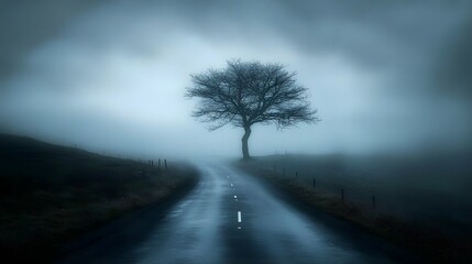Mysterious pathways enveloped in fog lead to a solitary tree under a moody sky