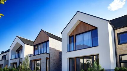 Residential homes with modern facade.Terraced family homes in newly developed housing estate. The real estate market in the suburbs. New single family houses in a new development area.