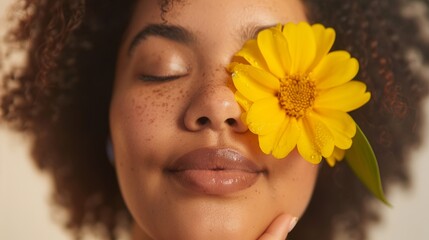 A serene close-up Of a woman with a yellow flower On her face exuding peace and tranquility.