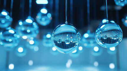 Floating Glass Spheres with Reflections and Bokeh Effect in Blue Light Setting Creating a Dreamy Atmosphere
