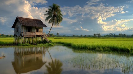Fototapeta premium Rustic Stilt House Beside Palm Tree In Rice Paddy Field