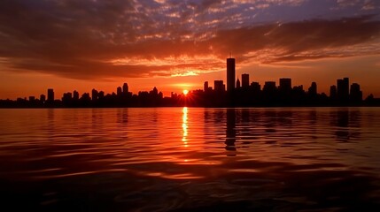 Fototapeta premium A view of a city skyline at sunset from the water