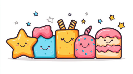 Obraz premium Cute and colorful cartoon sweets including star, ice cream, and cookies, perfect for children designs and playful themes