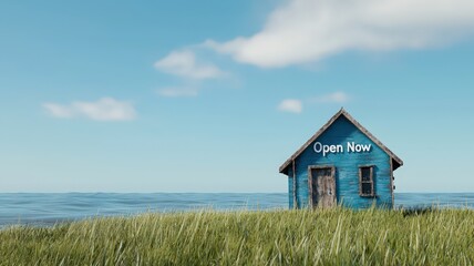 Open now concepts. A small blue house by the water with a sign that says "Open Now," surrounded by green grass under a clear sky.