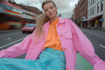A fashion-forward model strikes a pose in a bold pink jacket on a bustling city street. Motion and stillness intertwine in this dynamic urban editorial.