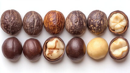 Obraz premium Whole and open Australian macadamia nuts displayed in row, showcasing their unique textures and colors. image highlights contrast between hard shells and creamy interiors