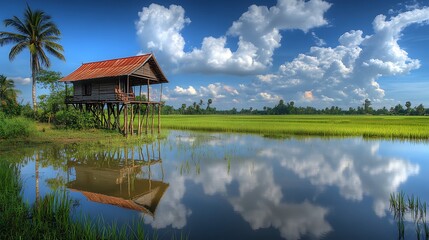 Obraz premium Stilt House Reflects in Peaceful Rice Paddy Water