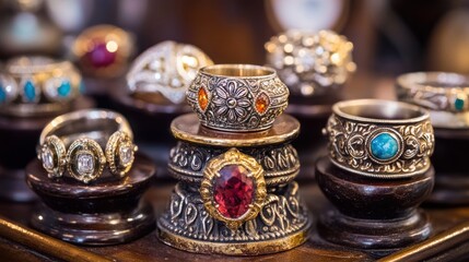 Fototapeta premium Ornate gemstone rings displayed on stands.