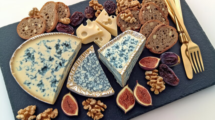 Gourmet selection of blue cheeses with fresh figs, walnuts, and rustic bread for culinary inspiration
